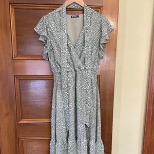 BTFBM green cream leopard print flutter sleeve midi faux wrap dress M